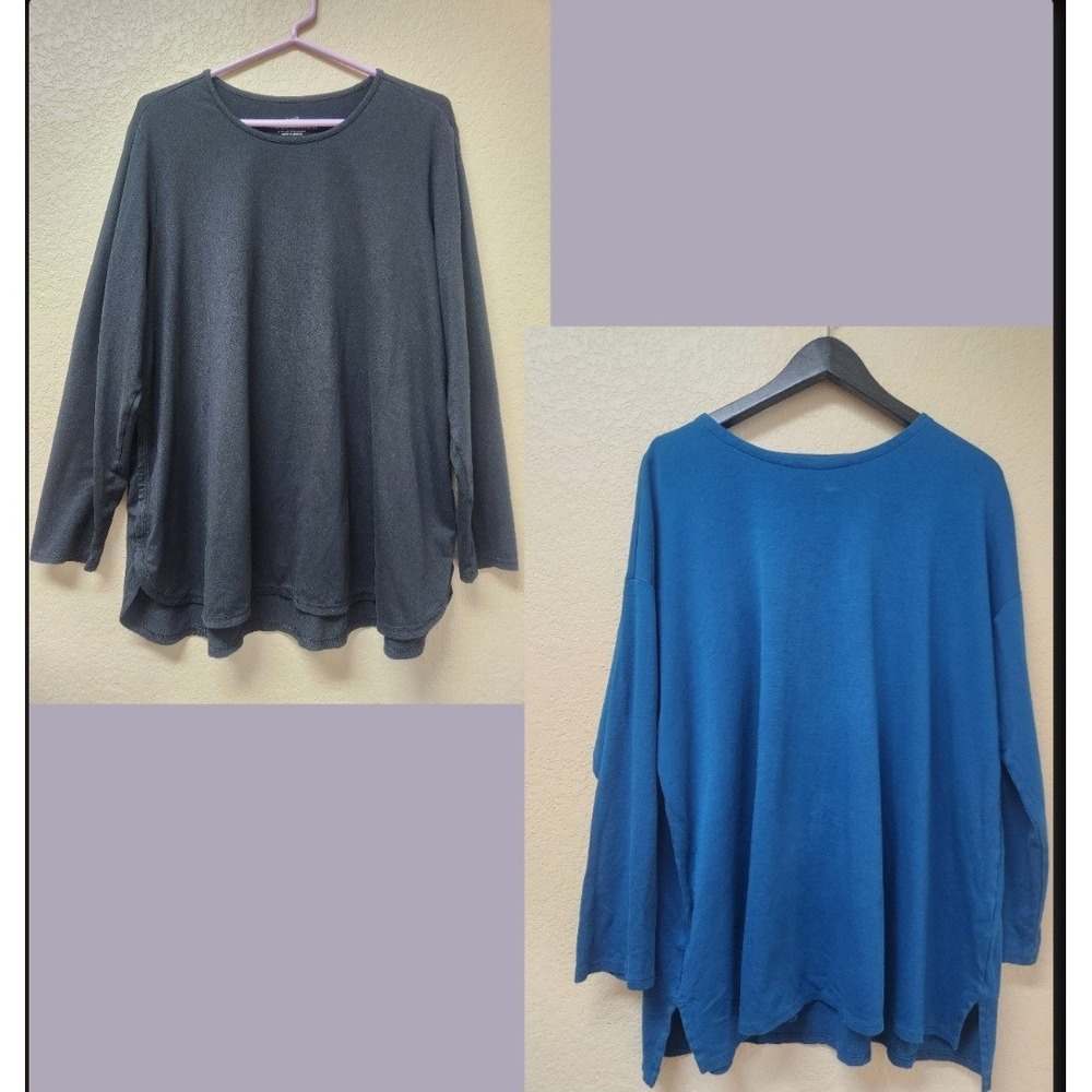 J. Jill Womens XL 2pc Long Sleeve Top Bundle Blue Supima Cotton Mix Black Tee
